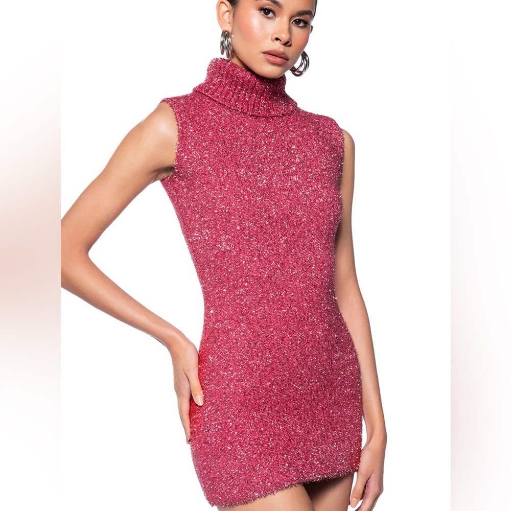 Sleeveless Turtleneck Knit Mini Dress in Berry Pink